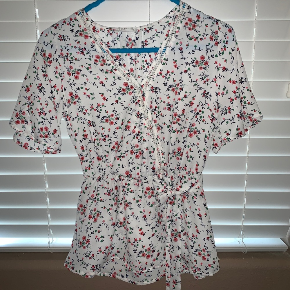 white floral wrap blouse with side tie